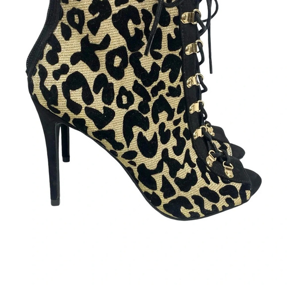 Anne Michelle Metallic Gold & Black Stiletto Heel Ankle Booties Lace Up Peep Toe - Picture 5 of 14